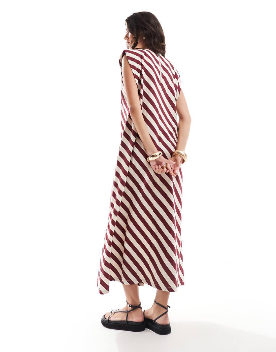 ASOS DESIGN cotton shapeless midi dress with shoulder pads in burgundy stripe