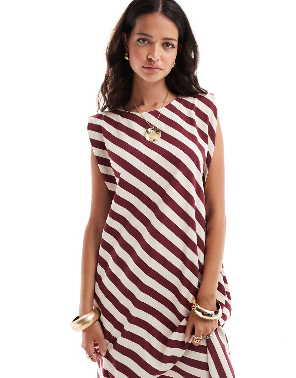 ASOS DESIGN cotton shapeless midi dress with shoulder pads in burgundy stripe