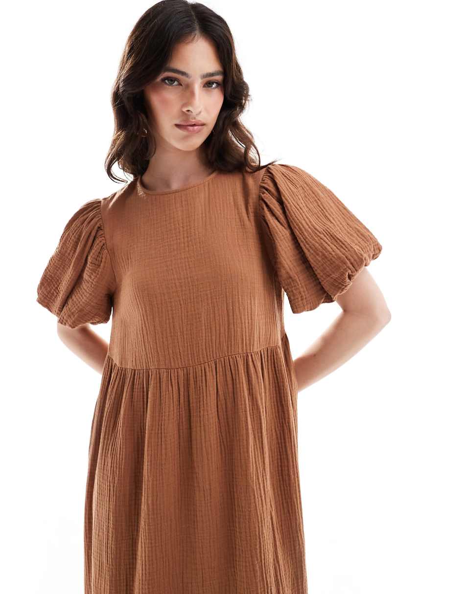 ASOS DESIGN double cloth midi smock dress with puff ball sleeves in rust