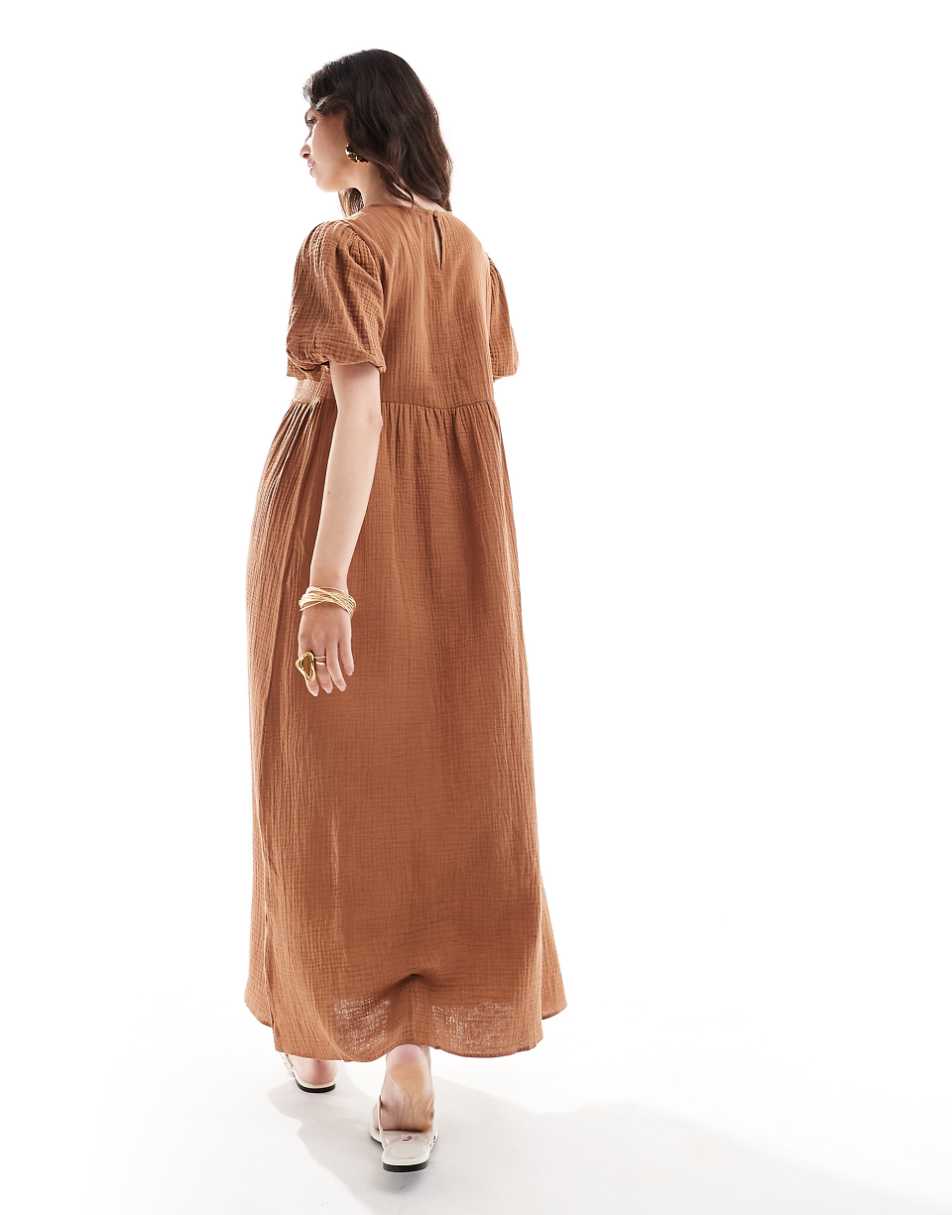 ASOS DESIGN double cloth midi smock dress with puff ball sleeves in rust