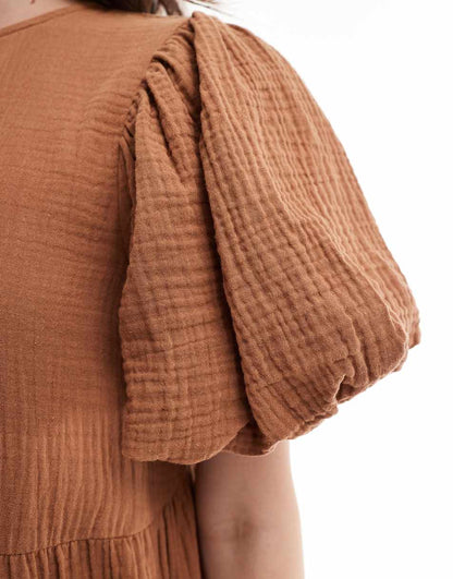 ASOS DESIGN double cloth midi smock dress with puff ball sleeves in rust