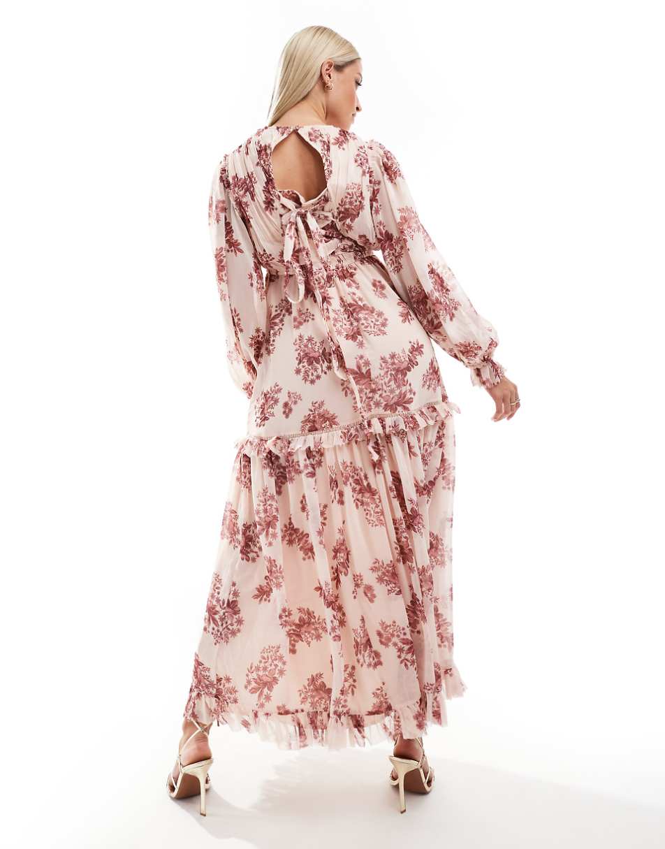 ASOS DESIGN Maternity frill tiered hem maxi dress in pink floral