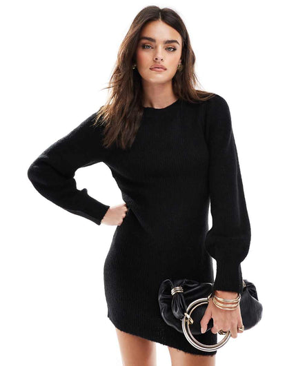 Miss Selfridge crew neck puff sleeve knit mini dress in black