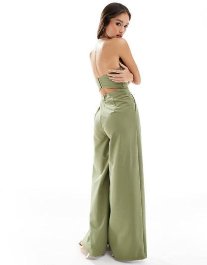Pretty Lavish strapless jumpsuit with pockets in moss green