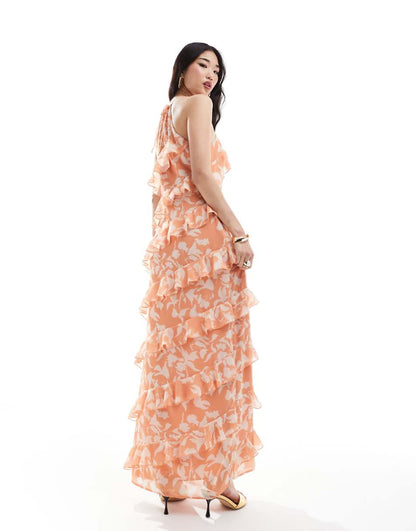 Pretty Lavish halterneck ruffle maxi dress in terracotta floral