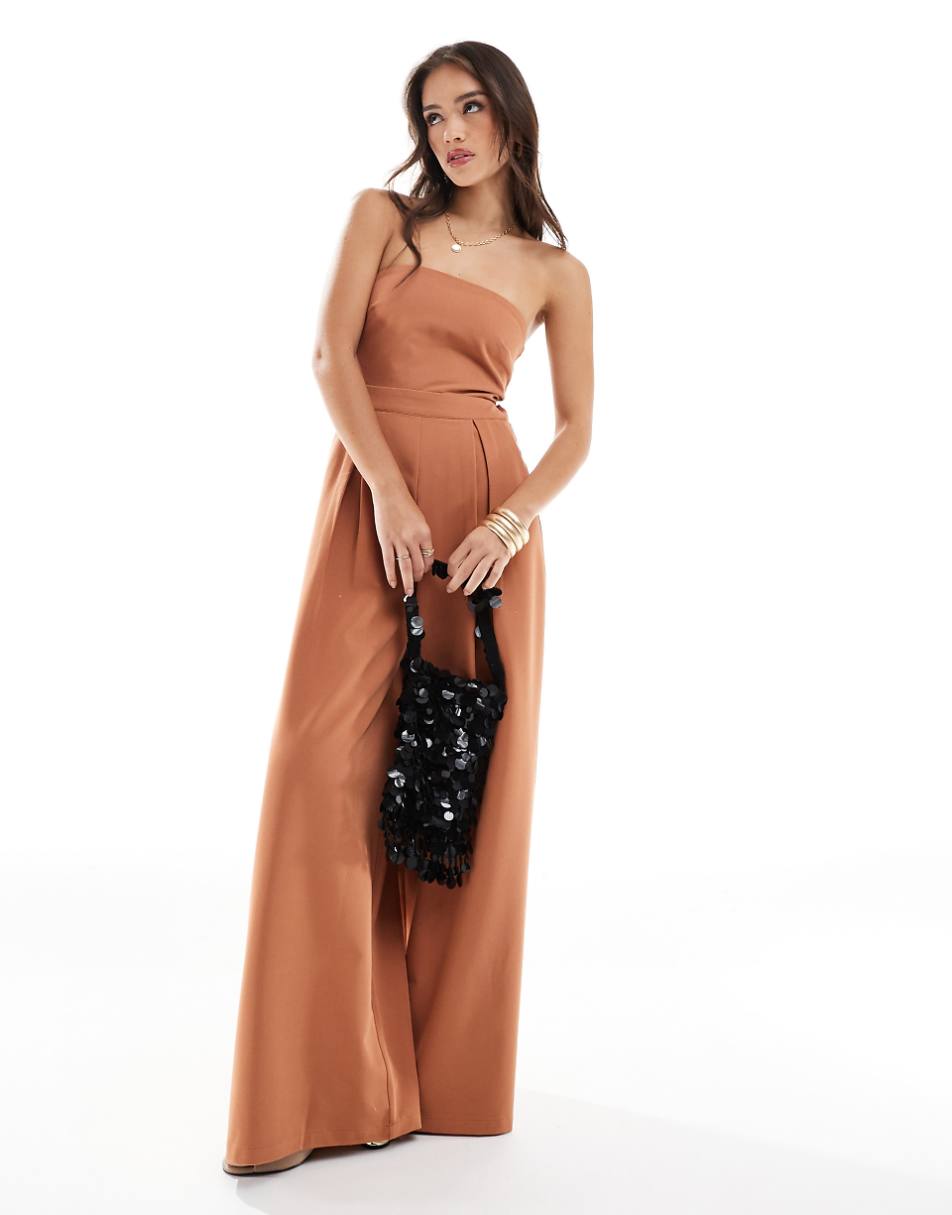 Pretty Lavish strapless jumpsuit with pockets in sienna brown