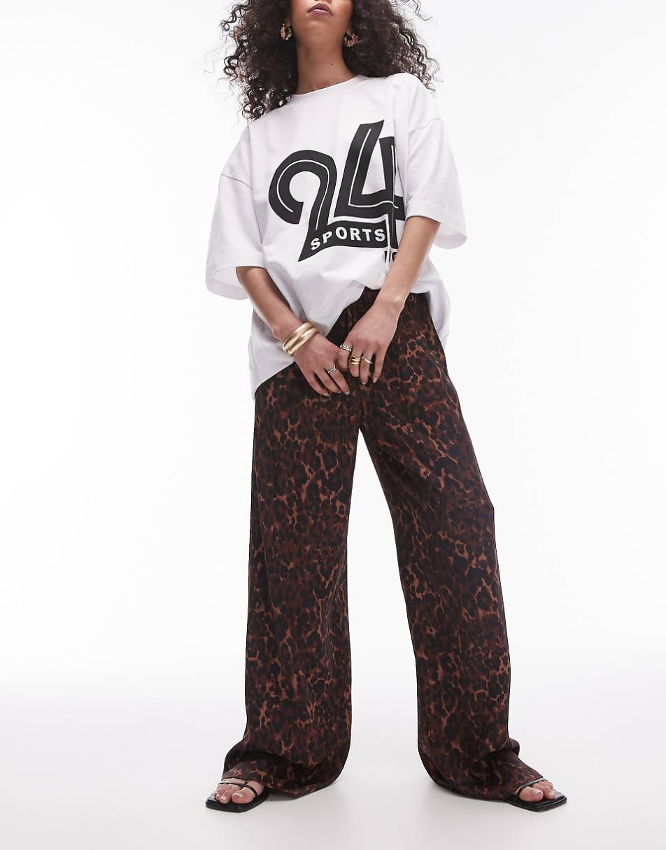 Topshop leopard print satin straight leg tie waist pants in light leopard