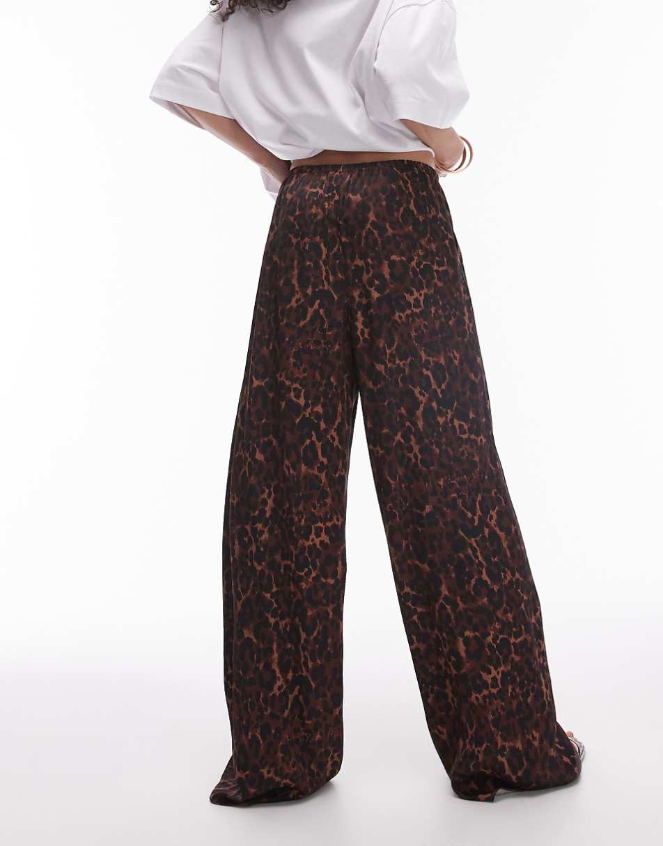 Topshop leopard print satin straight leg tie waist pants in light leopard