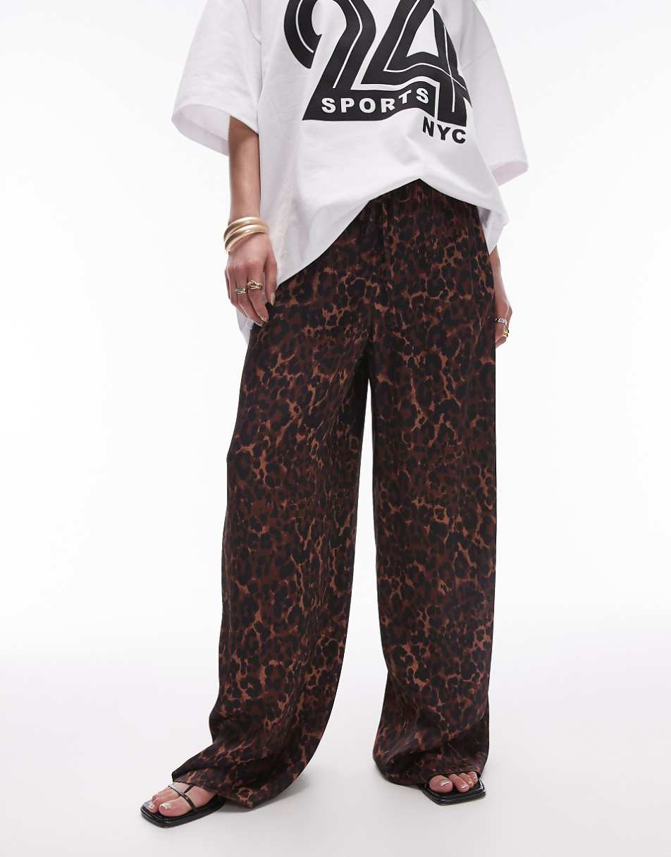 Topshop leopard print satin straight leg tie waist pants in light leopard