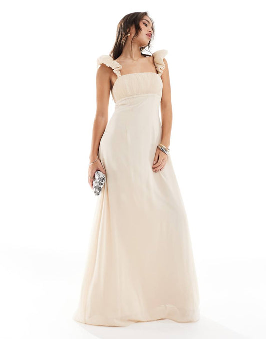 Six Stories Bridesmaid ruched chiffon maxi dress in champagne