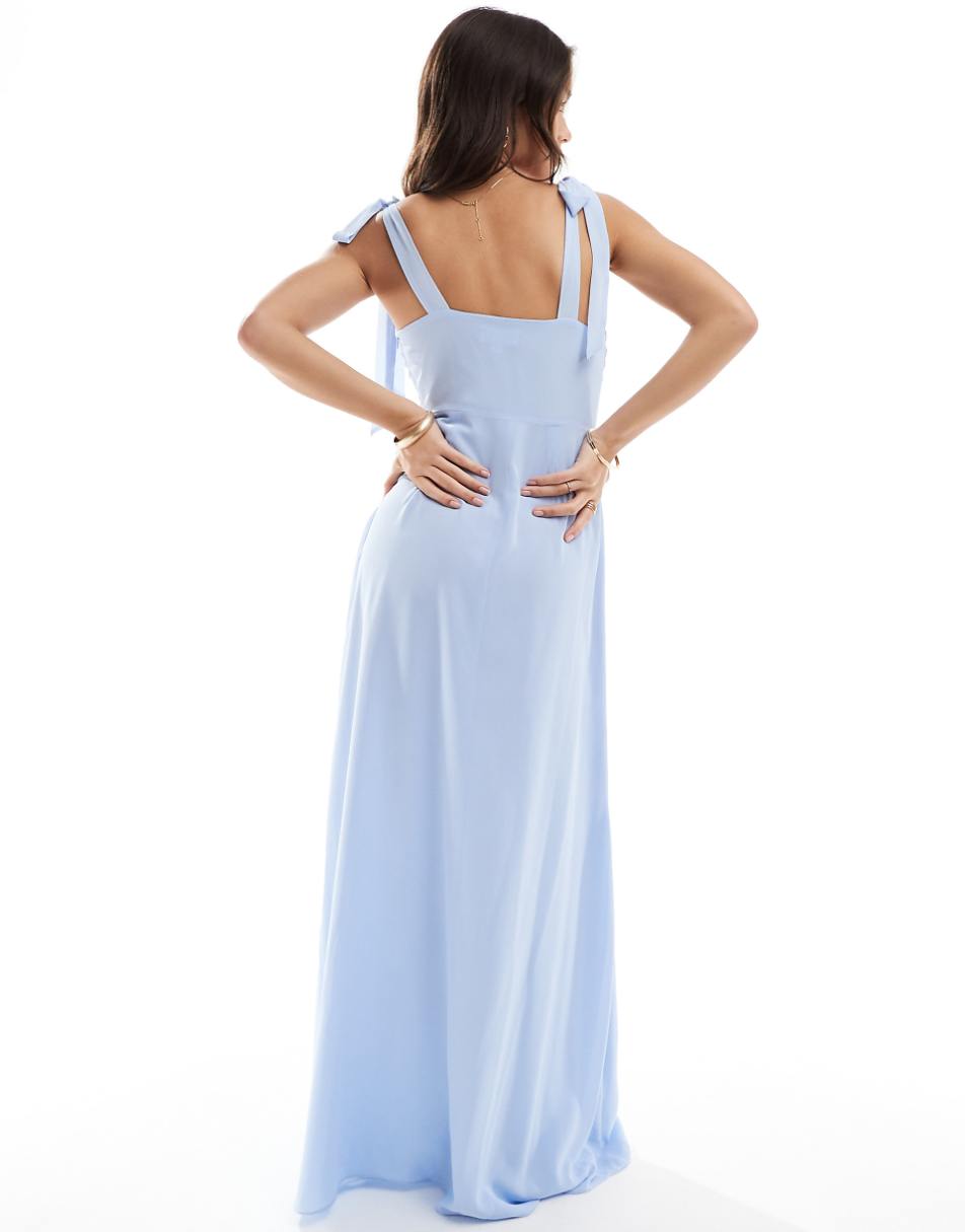 Six Stories Bridesmaid bow shoulder chiffon maxi dress in powder blue