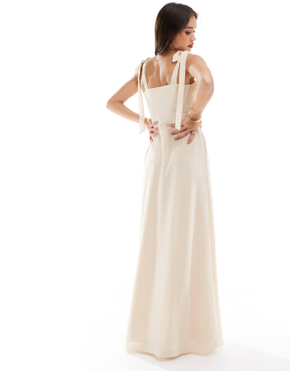 Six Stories Bridesmaid bow shoulder chiffon maxi dress in champagne