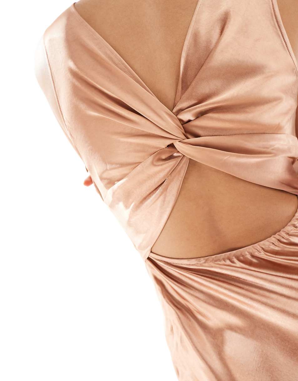 Six Stories Bridesmaid satin twist back maxi dress in burnt peach