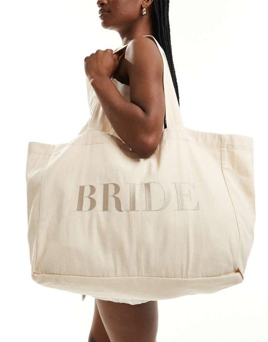 Six Stories Bride embroidered large tote bag in champagne