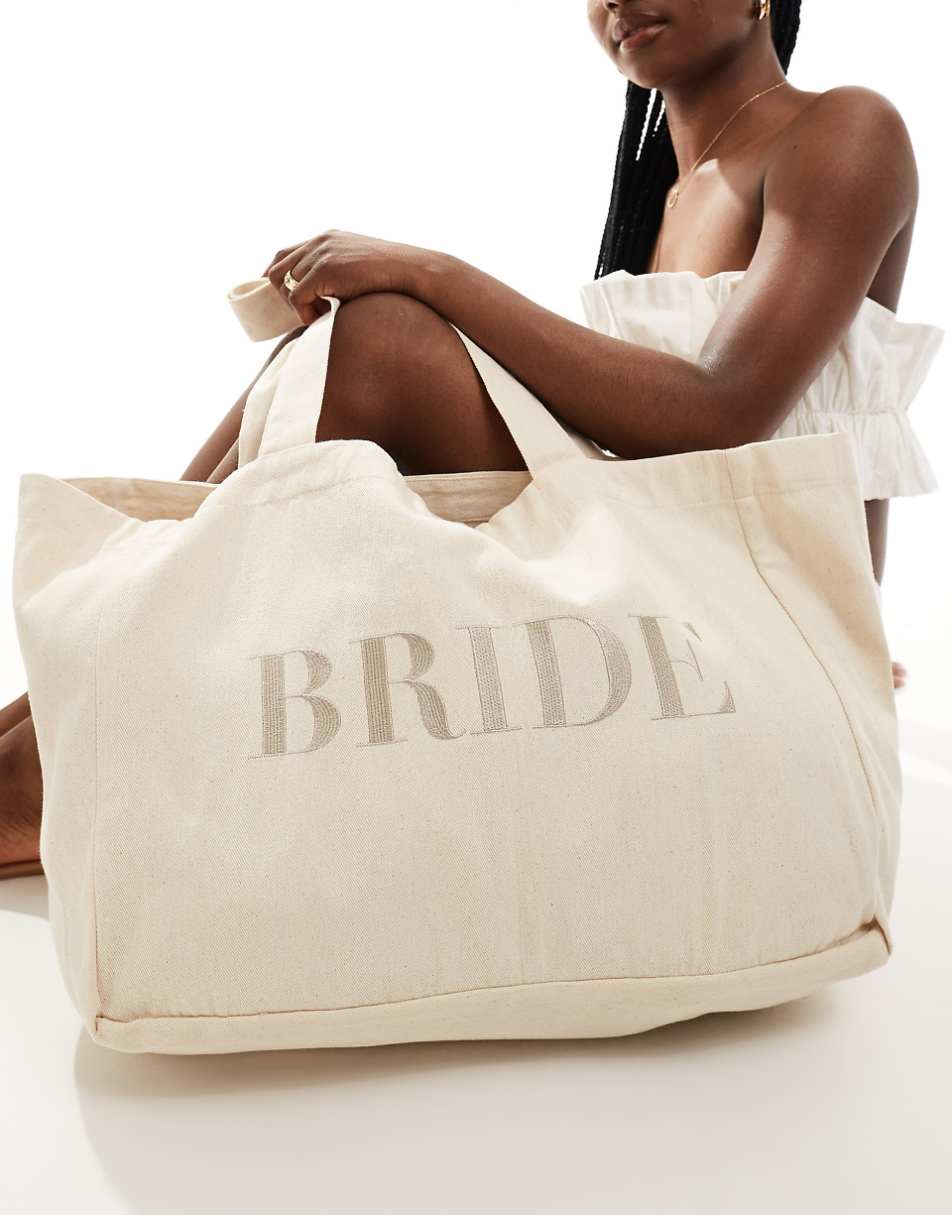 Six Stories Bride embroidered large tote bag in champagne