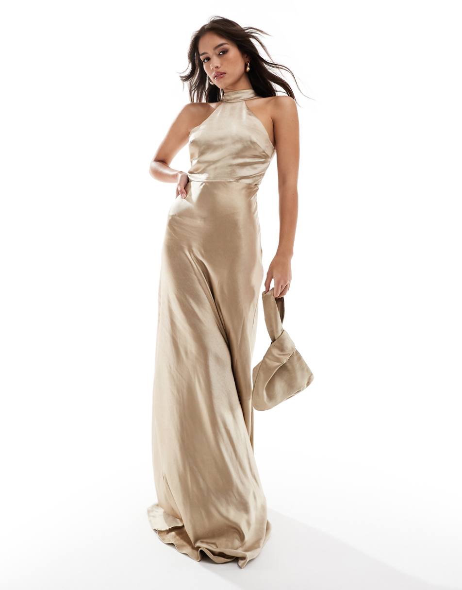 Six Stories Bridesmaid satin halter maxi dress in champagne