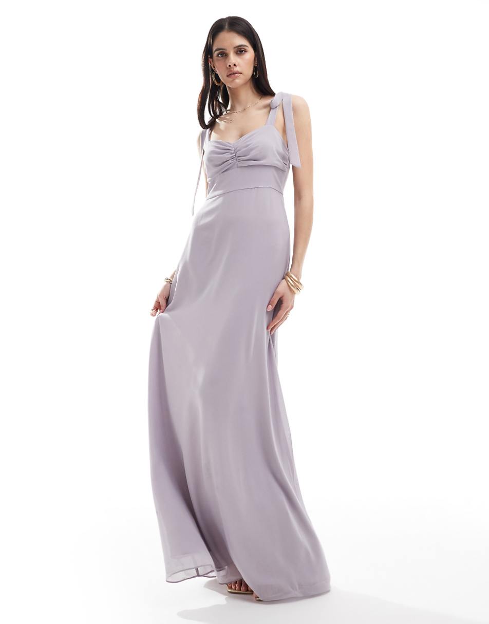 Six Stories Bridesmaid bow shoulder chiffon maxi dress in lilac