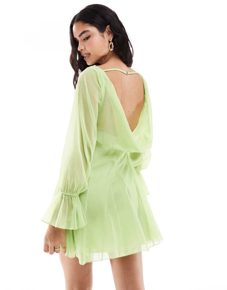 ASOS DESIGN long sleeve cowl back mini dress with flare panels in lime green