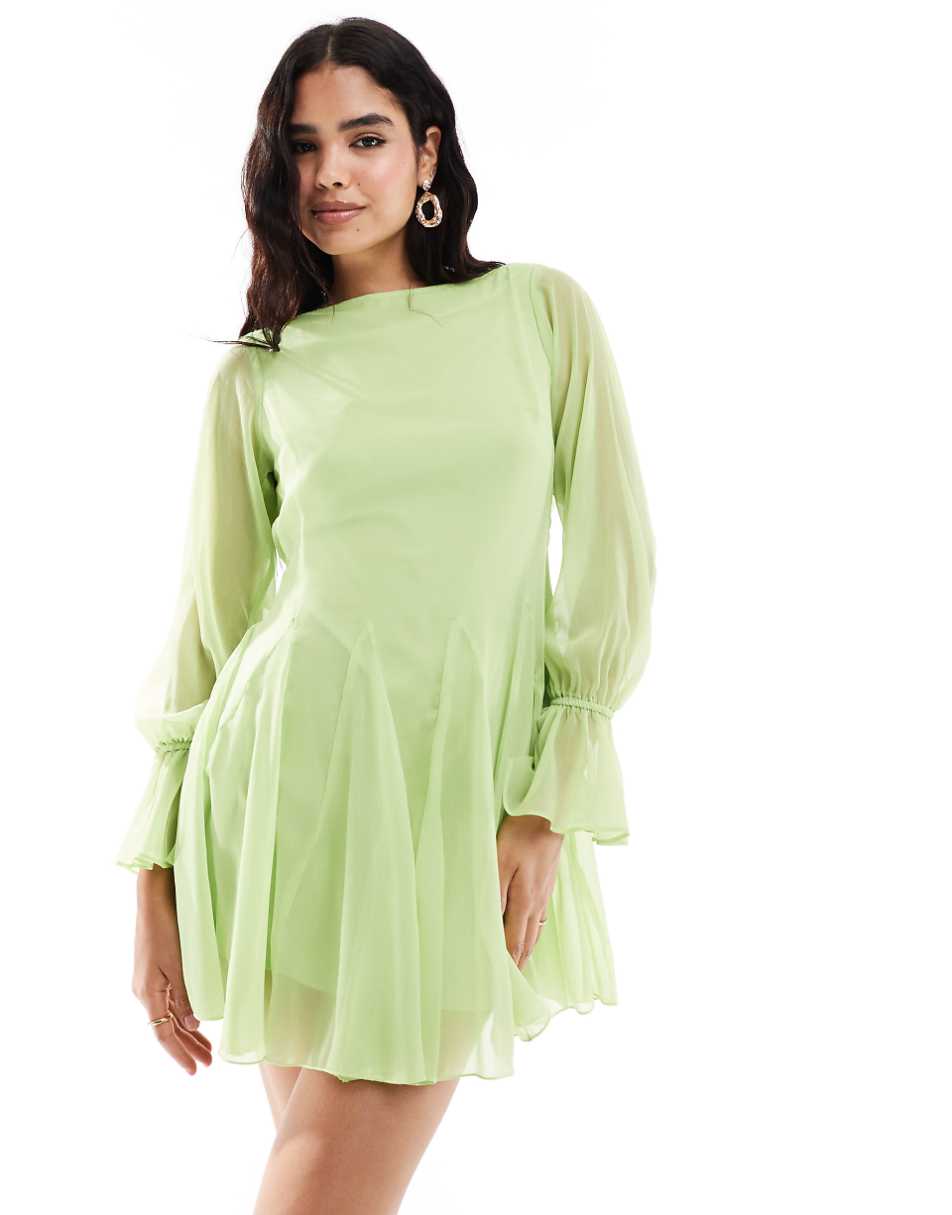 ASOS DESIGN long sleeve cowl back mini dress with flare panels in lime green