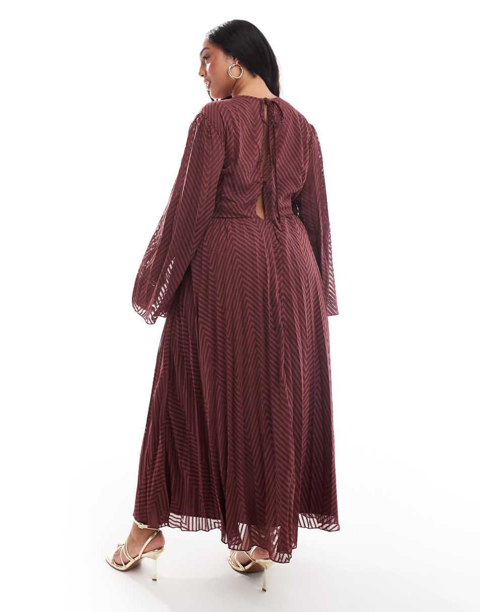 ASOS DESIGN Curve tie back fluted sleeve pleated chevron chiffon midi dress in burgundy