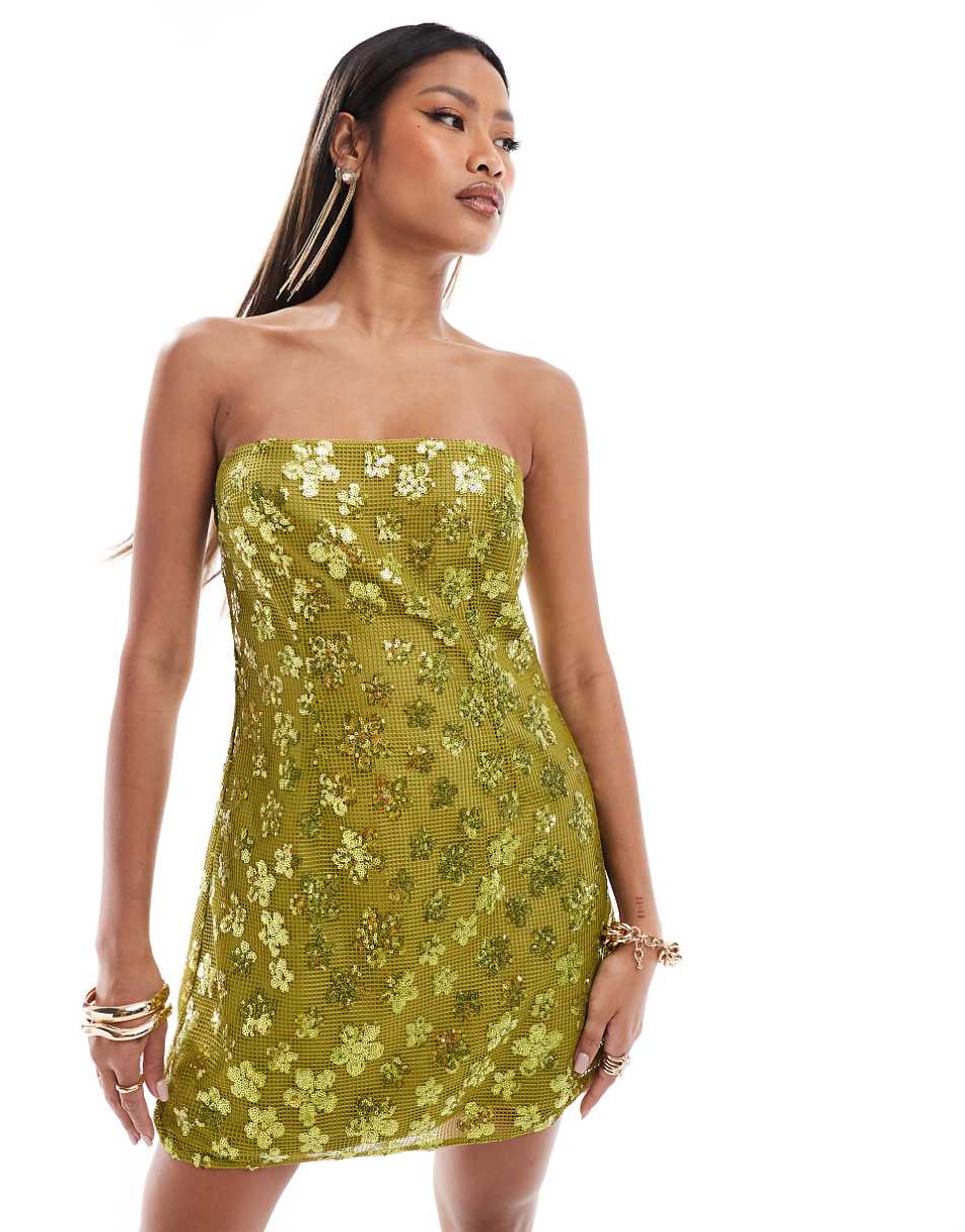 ASOS DESIGN floral sequin off the shoulder mini dress in green