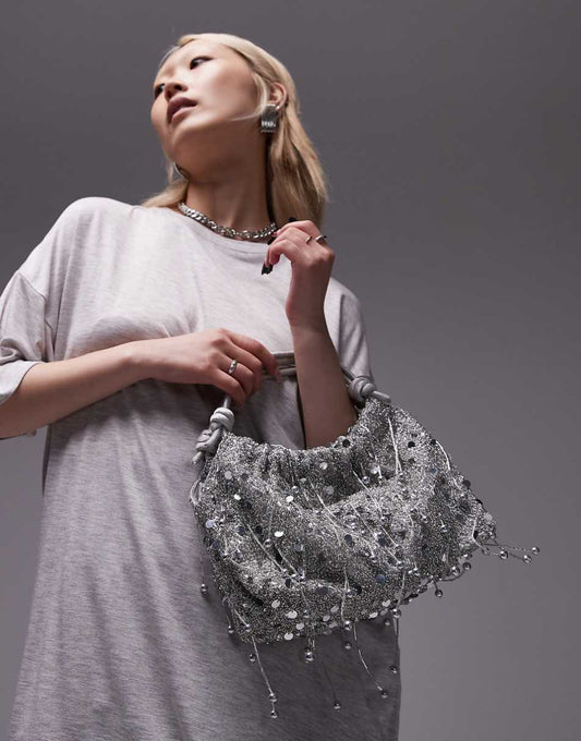 Topshop Giami beaded grab bag with satin handle in silver