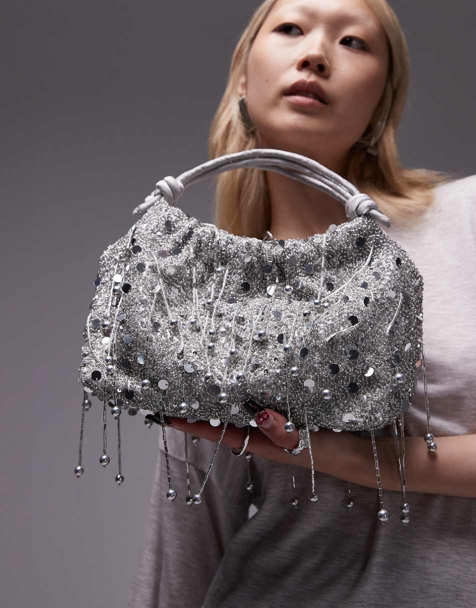 Topshop Giami beaded grab bag with satin handle in silver