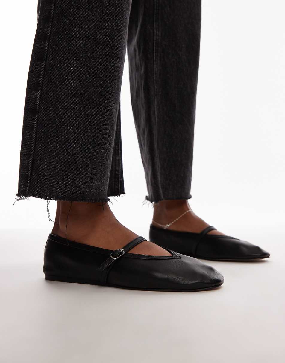 Topshop Babette leather v detail ballet flats in black