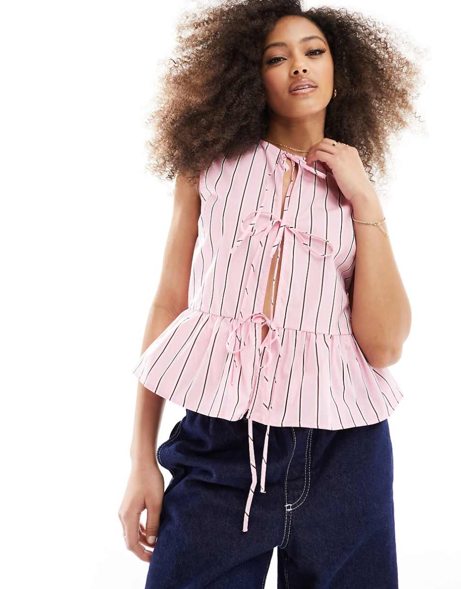 ASOS DESIGN cotton poplin tie front tank top in pink stripe