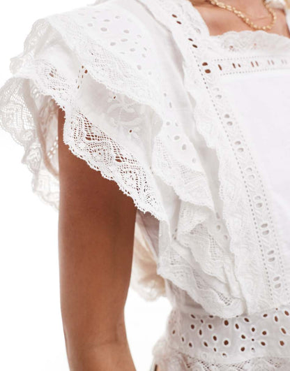 Miss Selfridge festival eyelet lace trim angel sleeve top in ivory