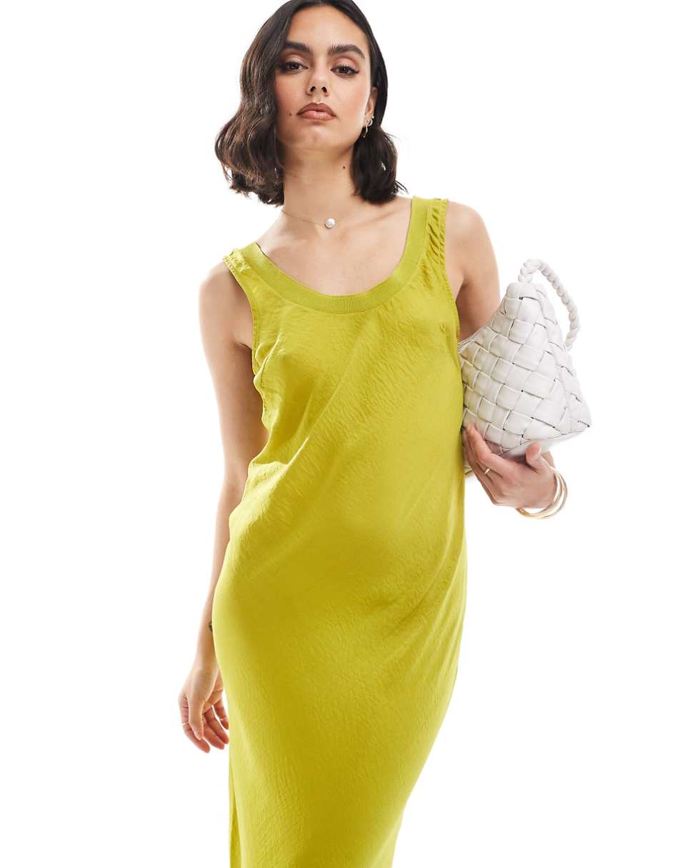 ASOS DESIGN bias cut slip midi dress with ribbed neck in chartruese