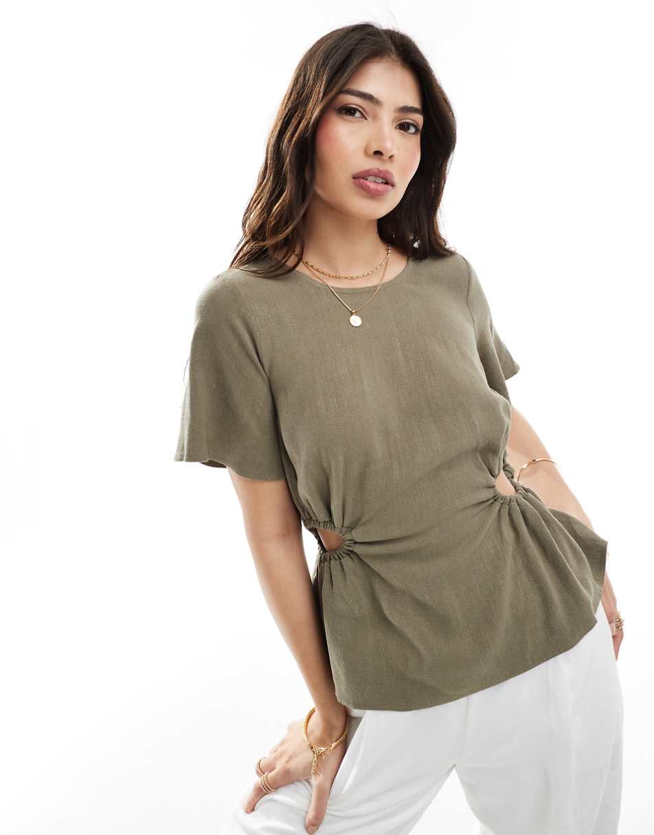 ASOS DESIGN linen look tee with cut-out in khaki