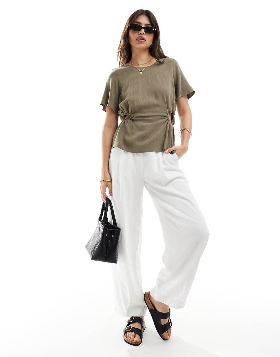 ASOS DESIGN linen look tee with cut-out in khaki