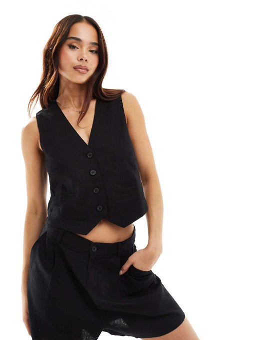 Pull&Bear linen mix vest in black - part of a set