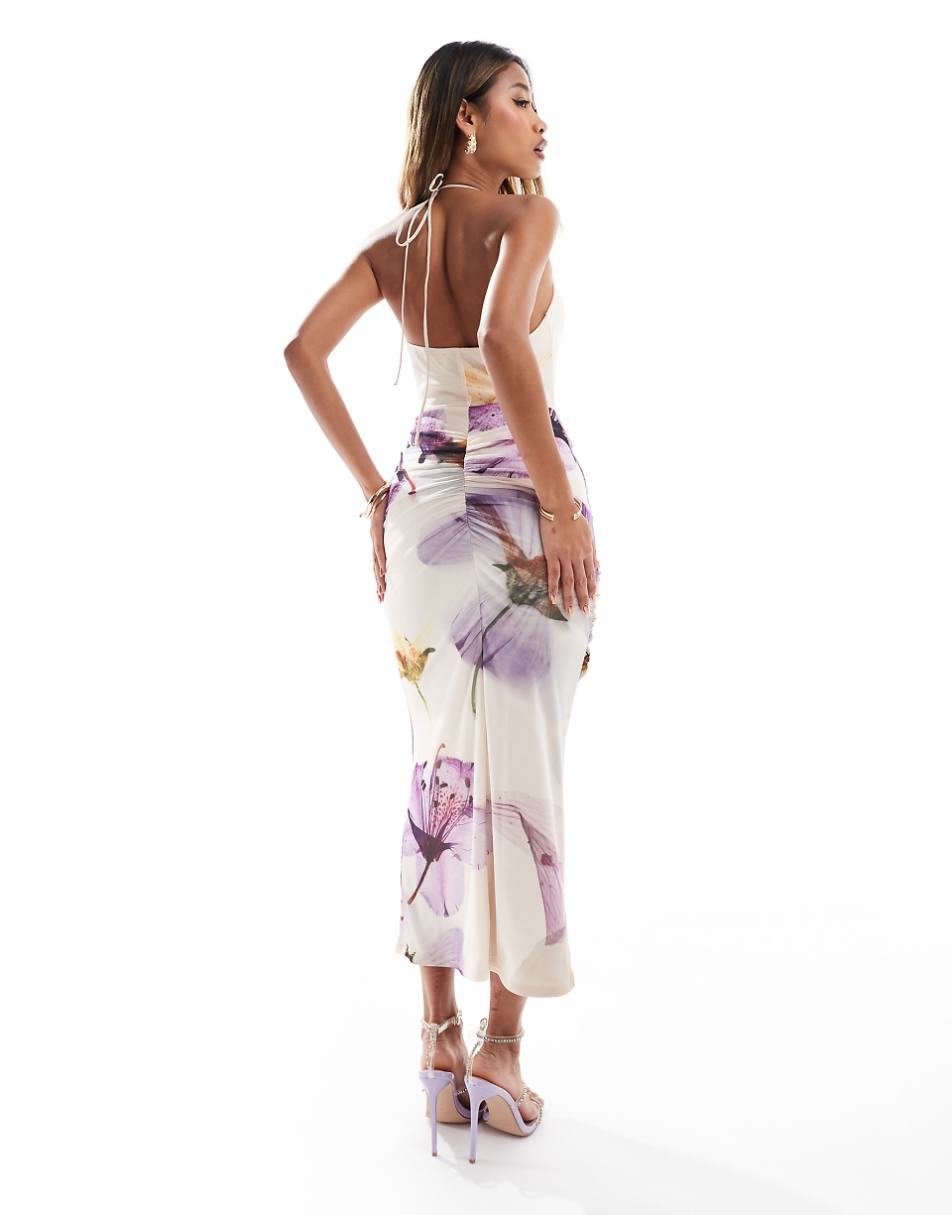 ASOS DESIGN mesh cowl trim maxi dress in purple floral print