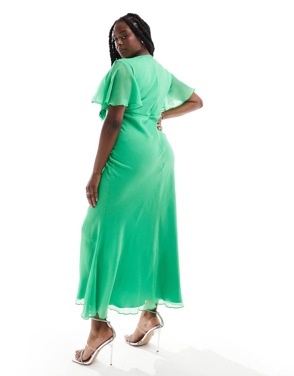 ASOS DESIGN Curve exclusive flutter sleeve midi dress with wrap waist detail in green