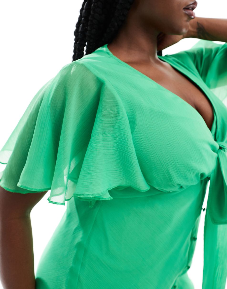 ASOS DESIGN Curve exclusive flutter sleeve midi dress with wrap waist detail in green