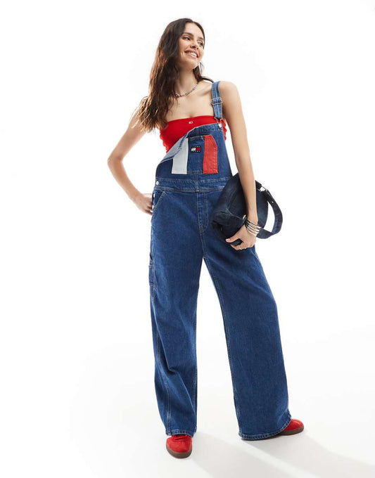 Tommy Jeans retro flag overalls in mid wash