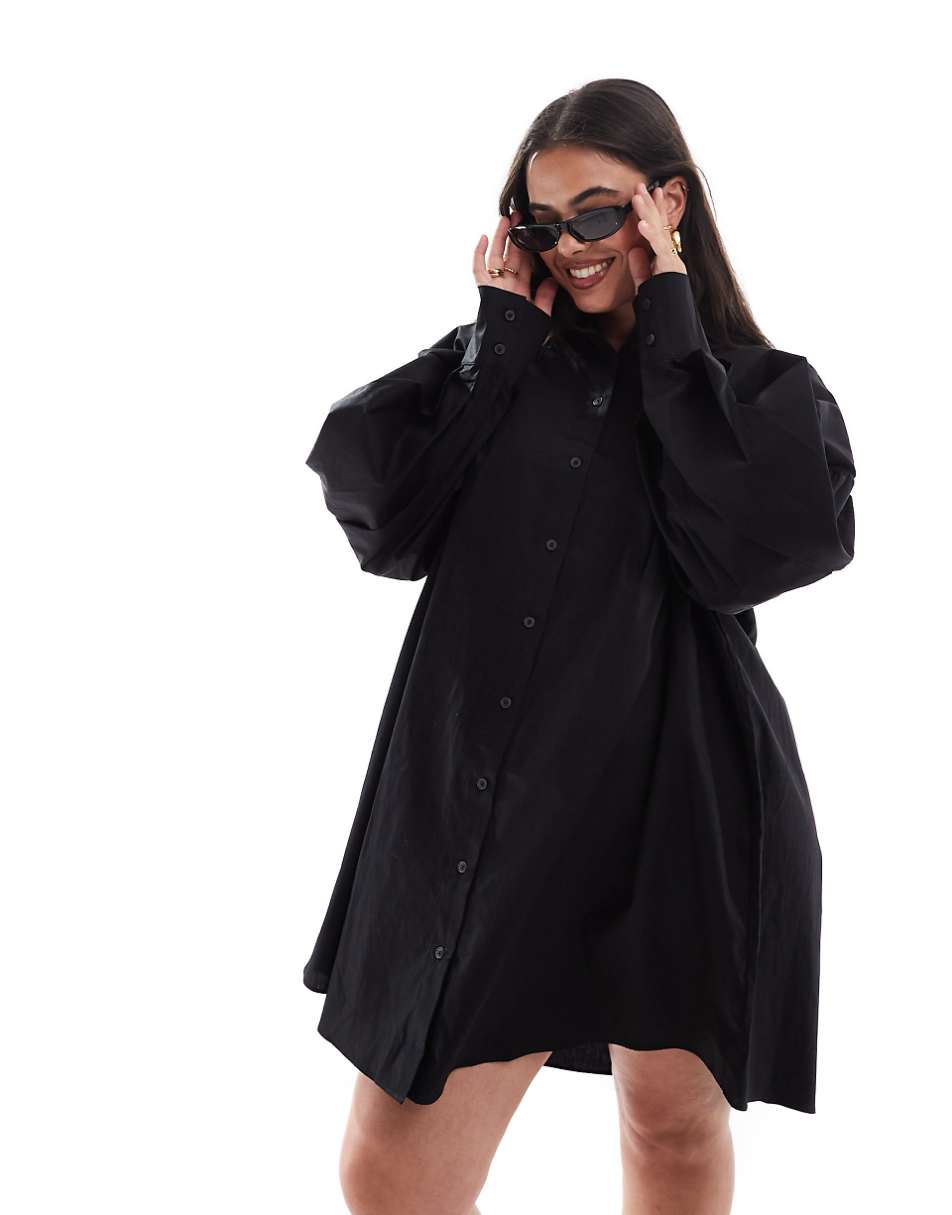 ASOS DESIGN Curve boyfriend shirt mini dress with blouson sleeve in black