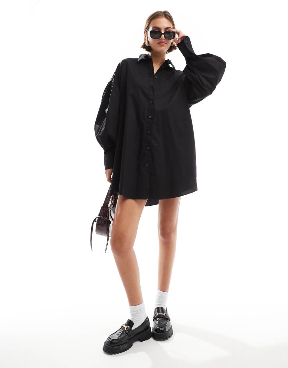 ASOS DESIGN boyfriend shirt mini dress with blouson sleeve in black