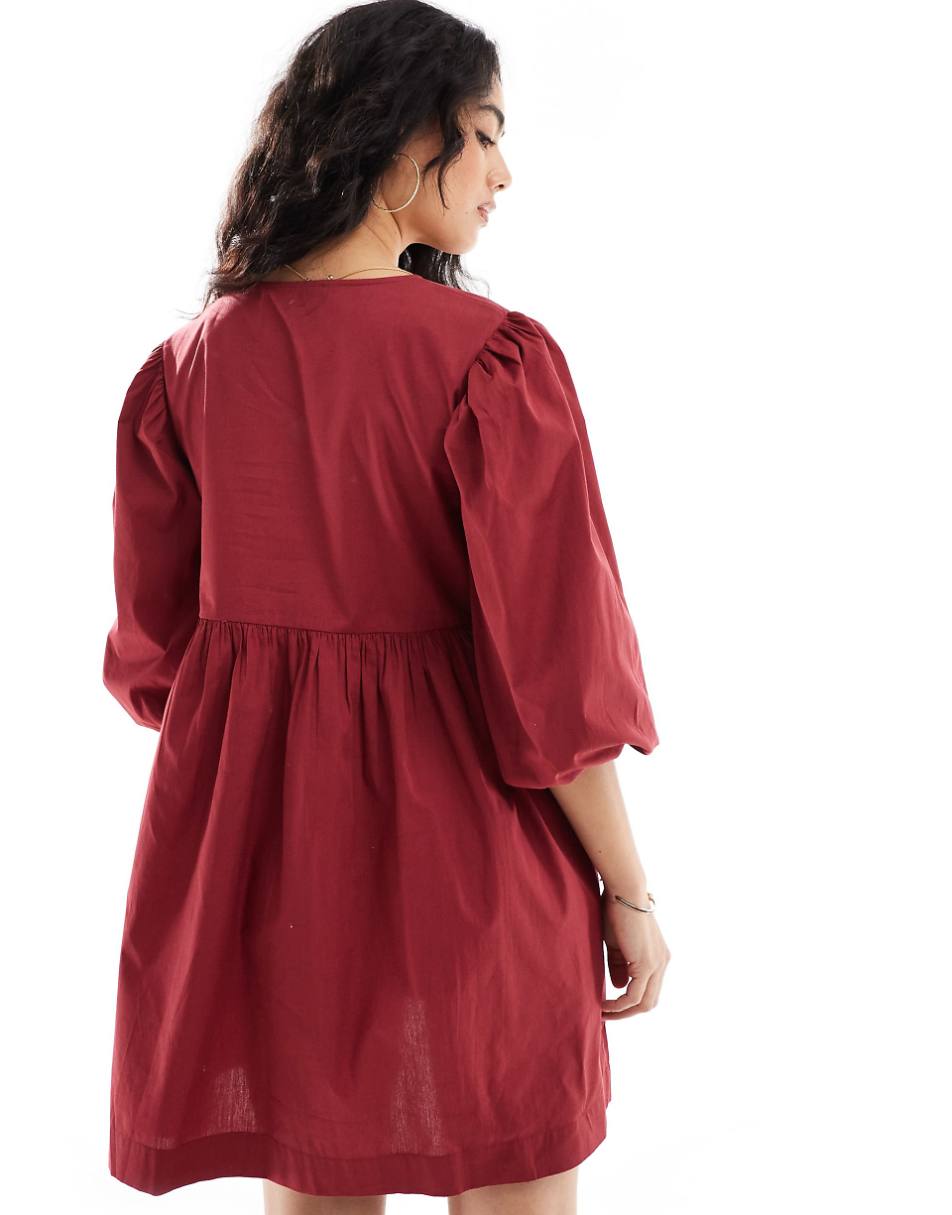 ASOS DESIGN bow tie front mini smock dress in burgundy