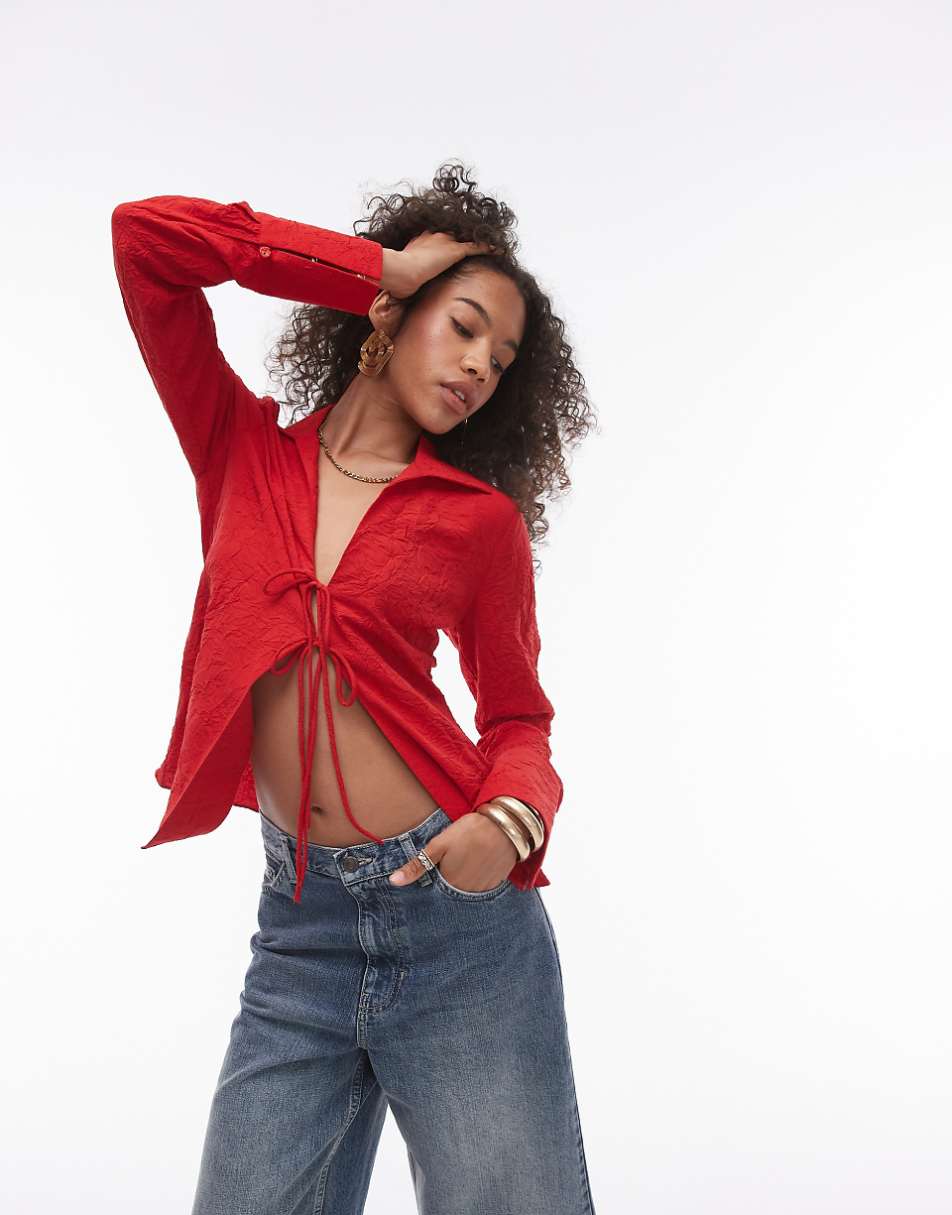 Topshop tie front crinkle top in red