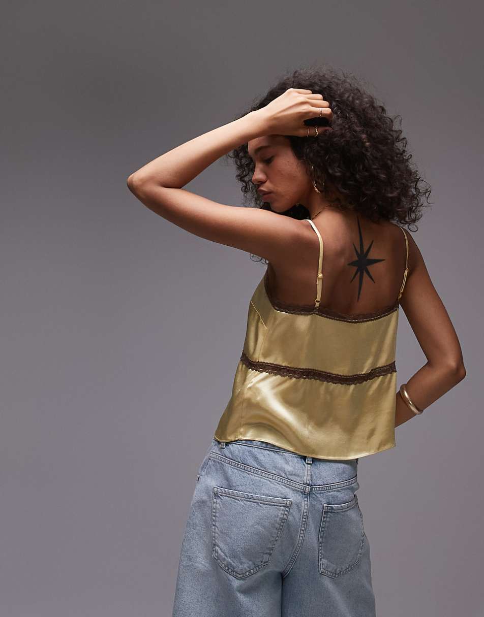 Topshop satin cami top in yellow with brown lace