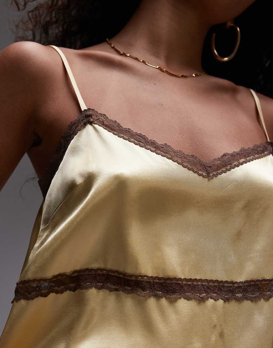 Topshop satin cami top in yellow with brown lace