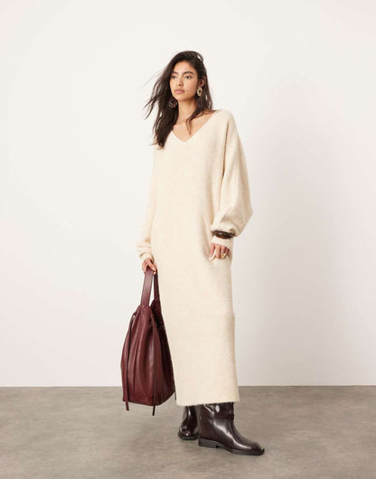 ASOS EDITION knit v neck maxi dress in oatmeal