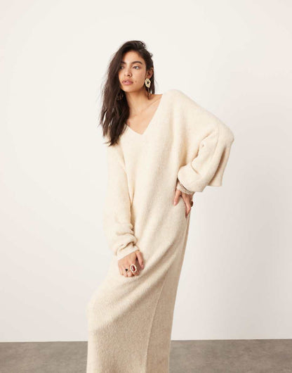 ASOS EDITION knit v neck maxi dress in oatmeal