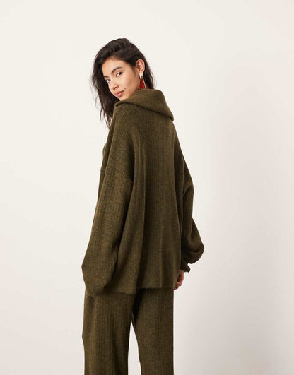 ASOS EDITION knit ribbed half zip oversized collar sweater in khaki - part of a set