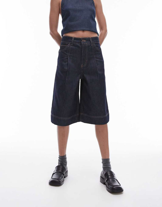 Topshop denim pleated jorts in raw indigo