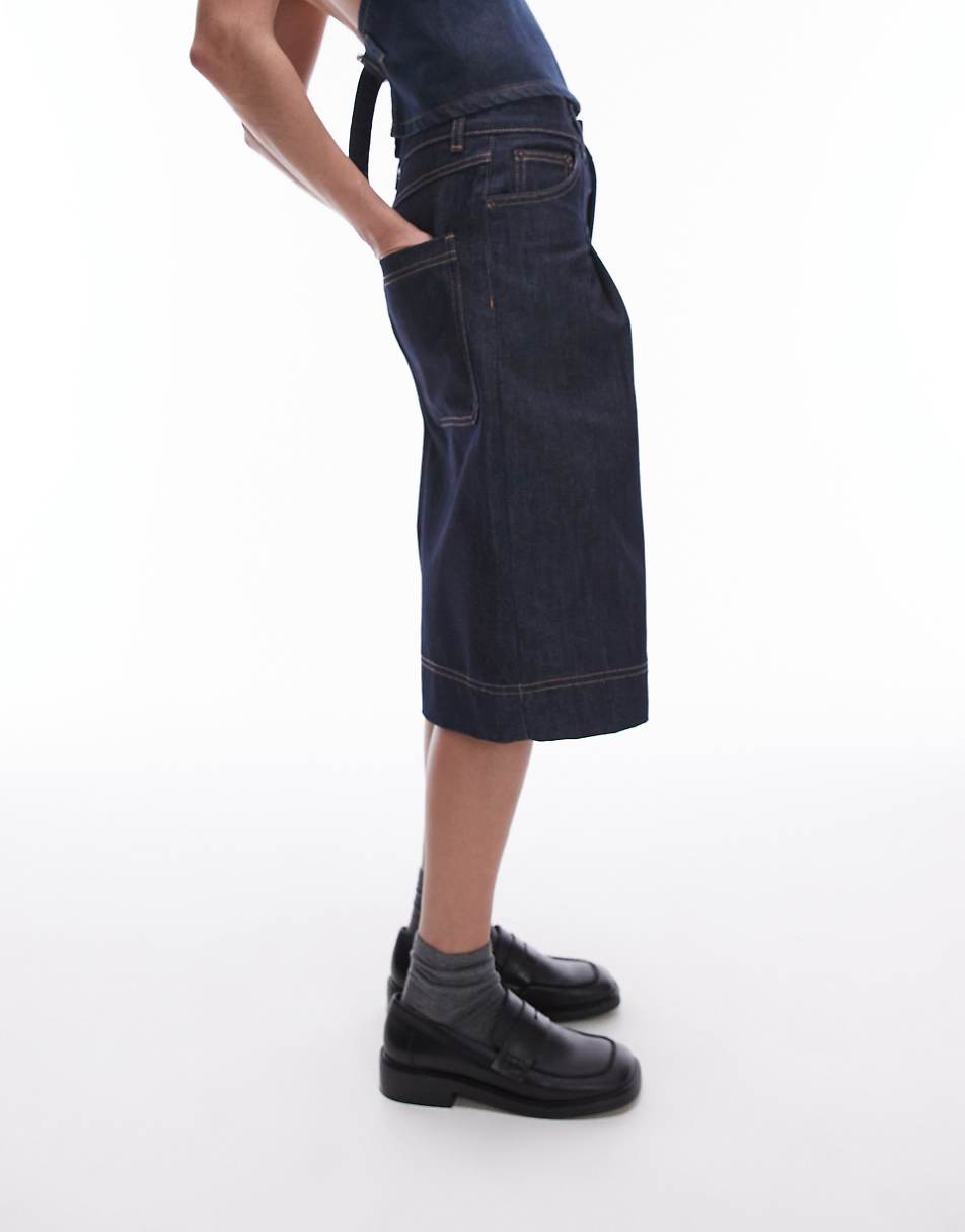 Topshop denim pleated jorts in raw indigo