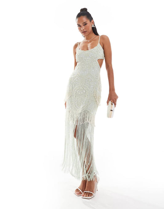 ASOS DESIGN cut out fringe maxi dress with beaded embellishment in sage green